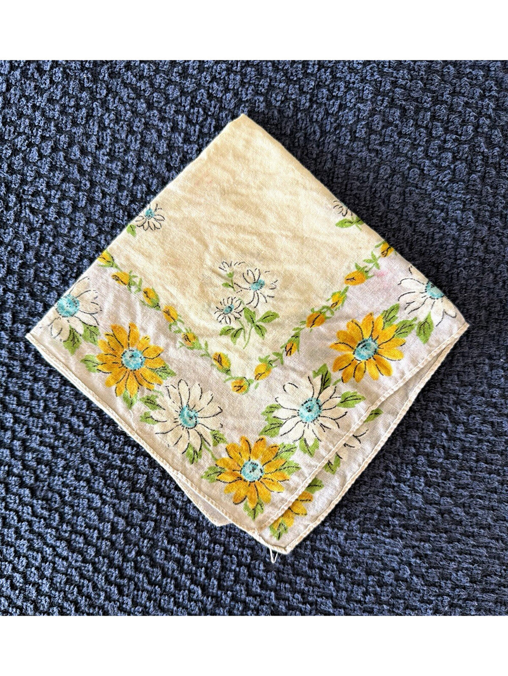 White Floral Print Handkerchief Yellow Daisy Border